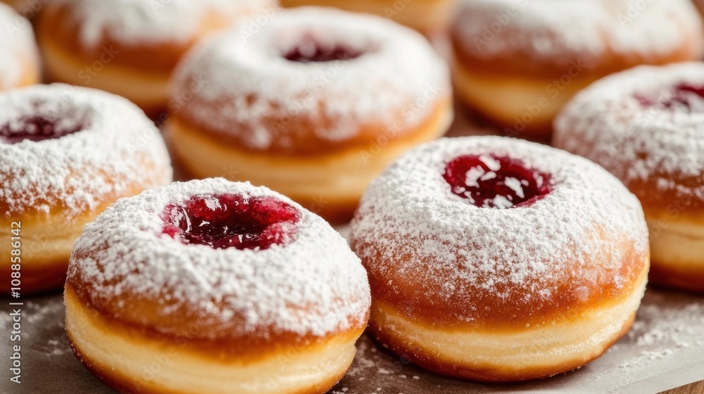 Delicious Freshly Baked Doughnuts with Raspberry Filling and Powdered Sugar on a Wooden Surface, Perfect for Breakfast or Dessert Lovers Delicious Freshly Baked Doughnuts with Raspberry Filling and Powdered Sugar on a Wooden Surface, Perfect for Breakfast or Dessert Lovers