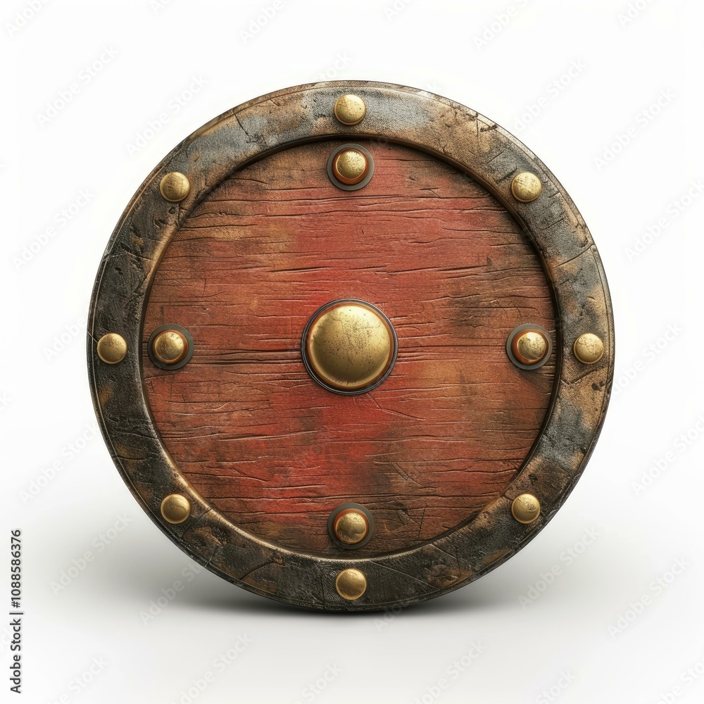 Round wooden shield with metal frame and rivets standing on white background Round wooden shield with metal frame and rivets standing on white background