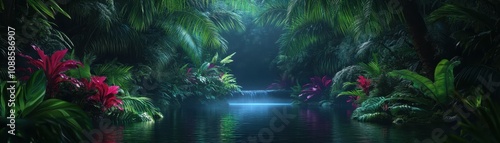 Lush tropical jungle bursting with vibrant blooms and exotic foliage, a paradise of abundant nature.