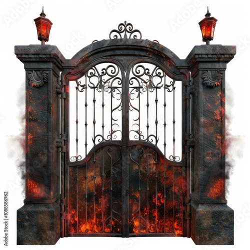 Burning iron gate with stone pillars surrounded by smoke