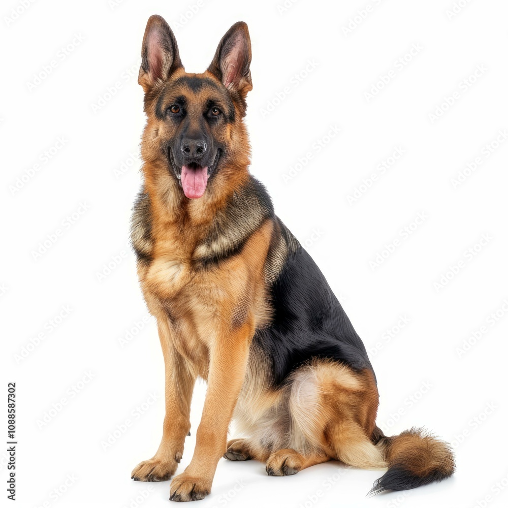 German shepherd dog sitting and panting on white background German shepherd dog sitting and panting on white background