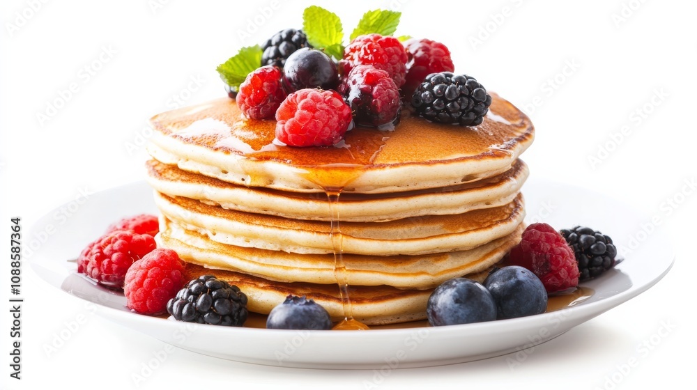 A stack of fluffy buttermilk pancakes topped with fresh berries and drizzled with maple syrup, Their golden-brown surface and fluffy texture invitingly displayed A stack of fluffy buttermilk pancakes topped with fresh berries and drizzled with maple syrup, Their golden-brown surface and fluffy texture invitingly displayed