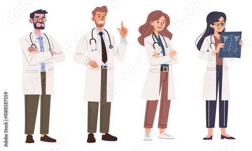 Set of vector illustrations. Cute kind doctors, women and men, on white background. . Vector illustration