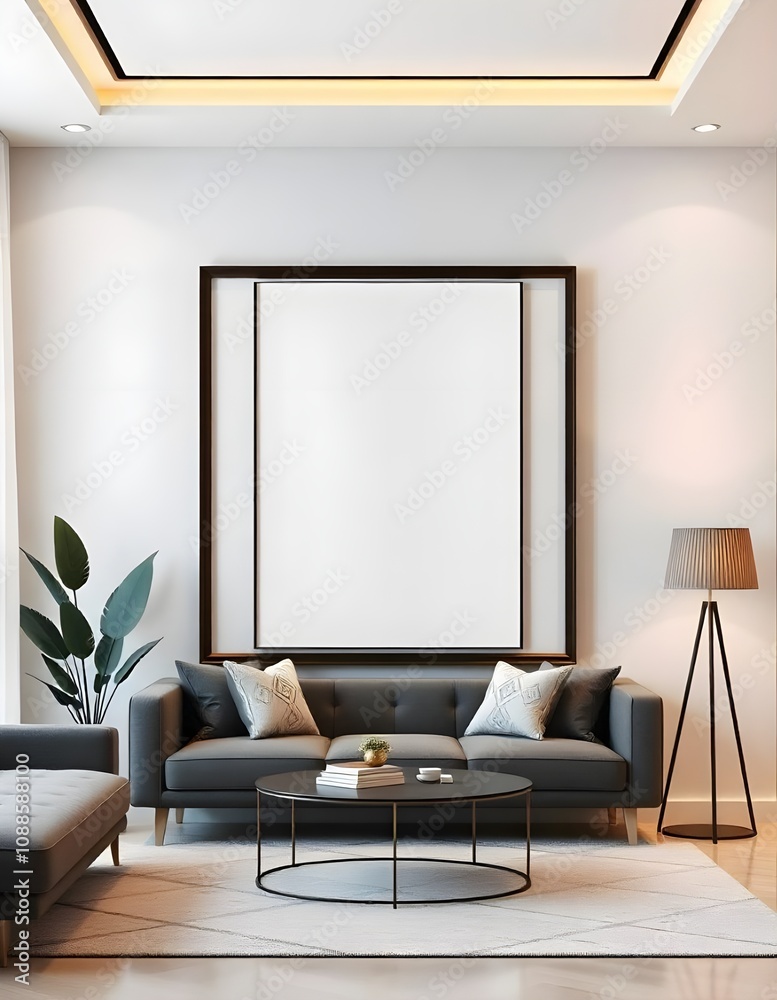 Fototapeta premium Generative AI, Framwall poster mockup, Modern interior design, 3D render, modern living room