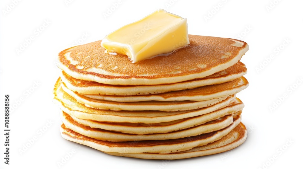 A stack of fluffy, golden pancakes topped with a pat of melting butter, Each pancake’s light texture and appealing appearance captured with precision A stack of fluffy, golden pancakes topped with a pat of melting butter, Each pancake’s light texture and appealing appearance captured with precision