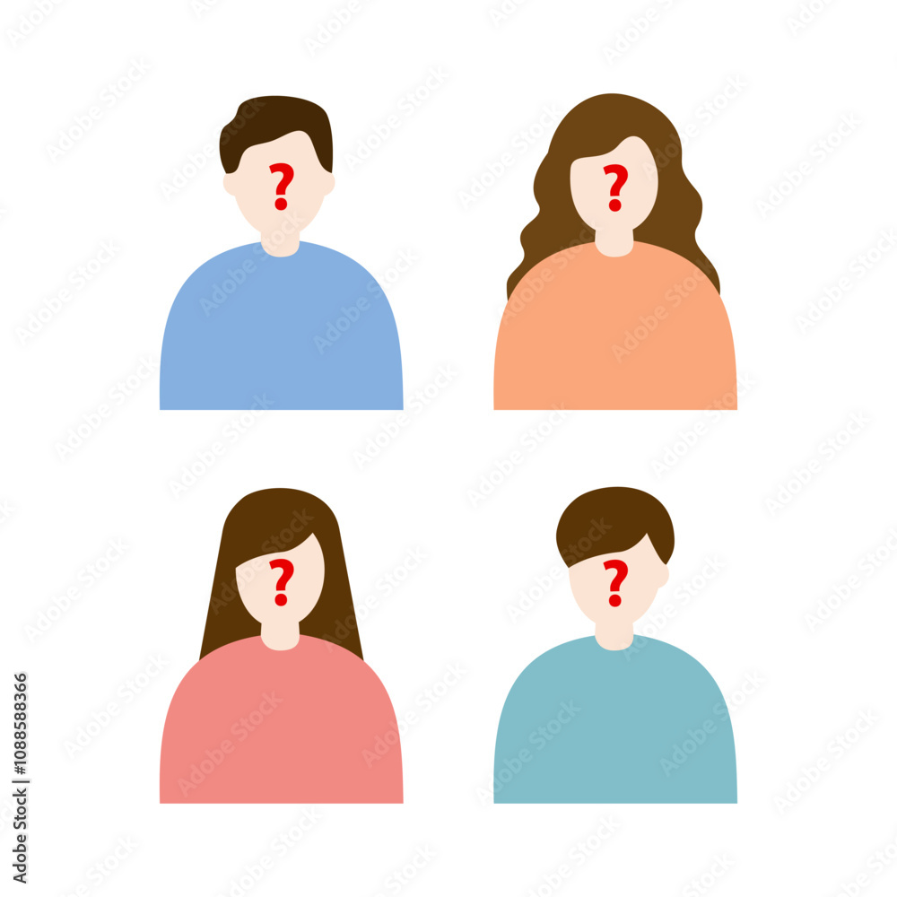 Unknown man and woman user profile portrait. Man face with question mark. Anonymous concepts. Flat people character vector design isolated illustration. Unknown man and woman user profile portrait. Man face with question mark. Anonymous concepts. Flat people character vector design isolated illustration.