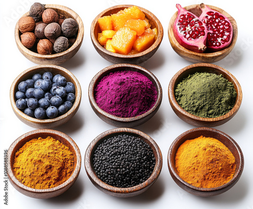 set of spices, Pomegranate Powder, Spinach Powder, Papaya Powder, Apple Powder, Blueberry Powder, Cranberry Powder, Snow Pear Powder photo