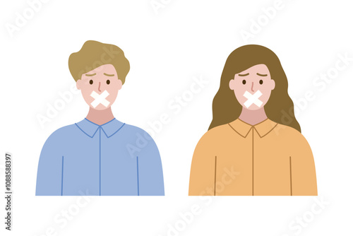 Man and woman with tape on mouth. Communication, forbidden, censorship, speech, freedom, expression concept. Flat vector people character design isolated illustration.