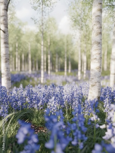 Springtime Bluebells in a Birch Forest