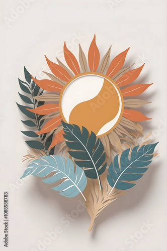 abstract; sunflower; nature-inspired; orange; teal; beige; leaves; modern; artistic; decorative; minimalist; creative; aesthetic; stylish; vibrant; contemporary; symmetry; natural; floral; bold; refin photo