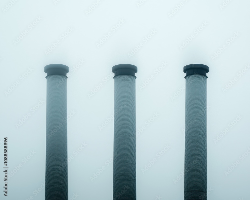 Foggy industrial scene with smokestacks in urban environment atmospheric photography
