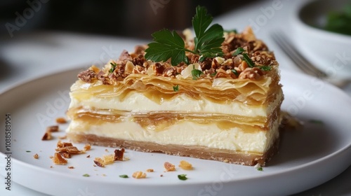 Delicious Layered Dessert with Flaky Pastry, Creamy Filling, Crunchy Topping, and Fresh Herbs on a Clean White Plate for Gourmet Food Photography