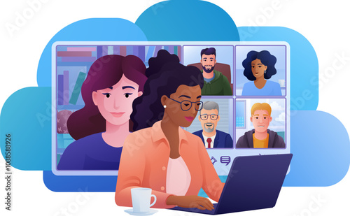 A woman, person, conference calling using a laptop computer on an online internet virtual video conference call team meeting. Conferencing concept cartoon illustration.