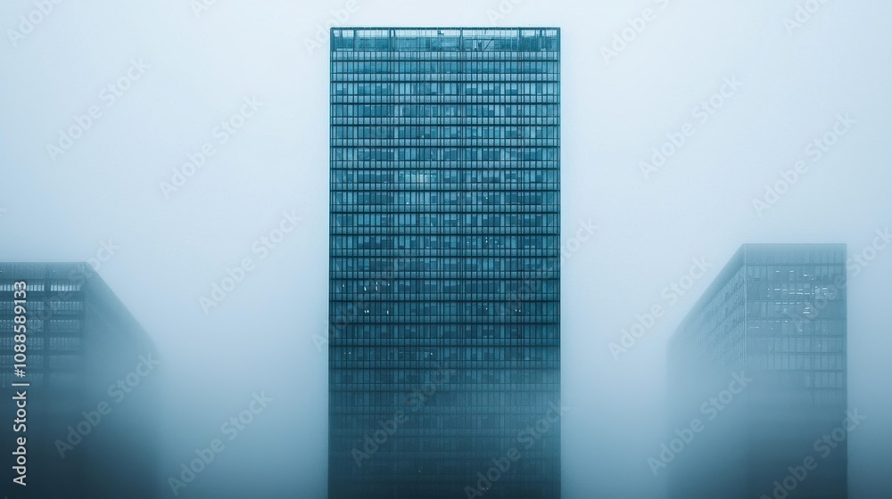 Misty fog envelopes skyscrapers urban area architectural photography overcast environment aerial view Misty fog envelopes skyscrapers urban area architectural photography overcast environment aerial view