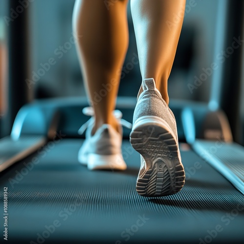 Cropped Shot of Woman in Jogging Sneakers Running on Treadmill photo