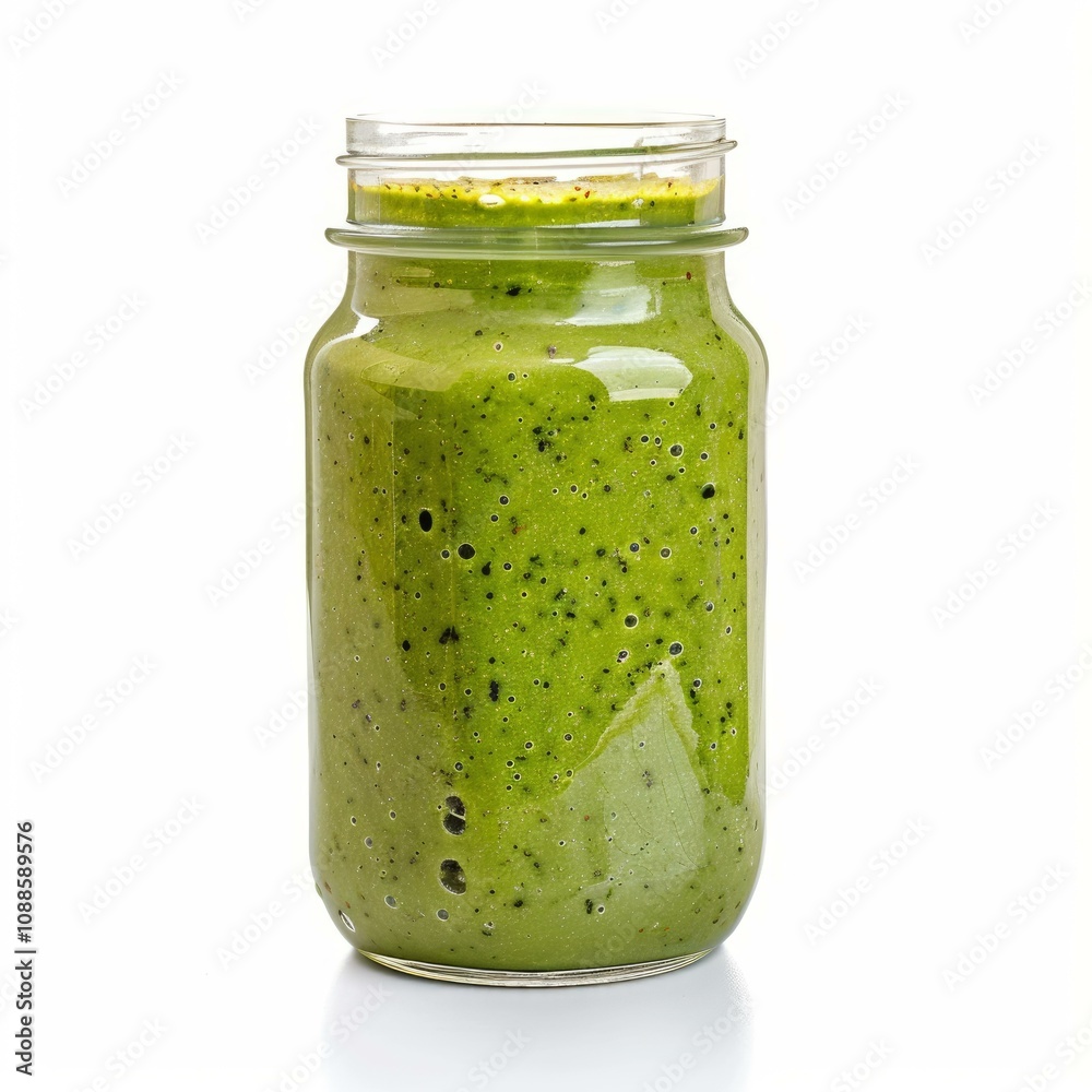 Mason jar full of tasty green smoothie standing on white background Mason jar full of tasty green smoothie standing on white background