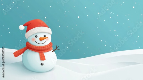 Festive winter holiday banner. cheerful snowman in hat and scarf on snowy background with copy space