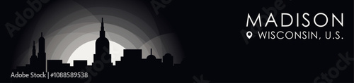 Vector Madison, Wisconsin cityscape banner. Black and white placard USA state profile picture for header, footer