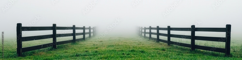 Foggy landscape with wooden fences rural area nature scene mysterious environment serenity Foggy landscape with wooden fences rural area nature scene mysterious environment serenity