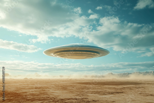 A sleek, metallic UFO hovers above a dusty desert landscape under a vast blue sky, with sunlight casting shadows across the arid ground.