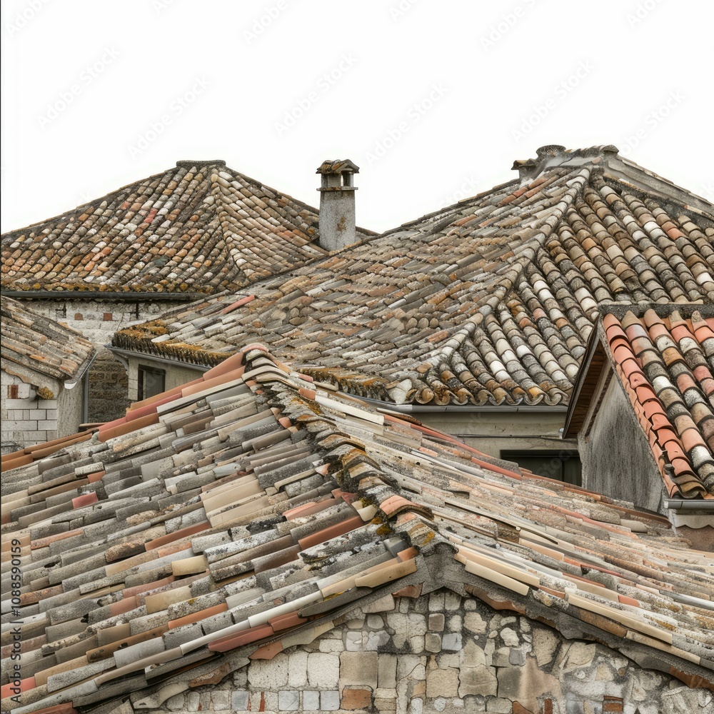 Old terracotta roof tiles covering residential building in europe Old terracotta roof tiles covering residential building in europe