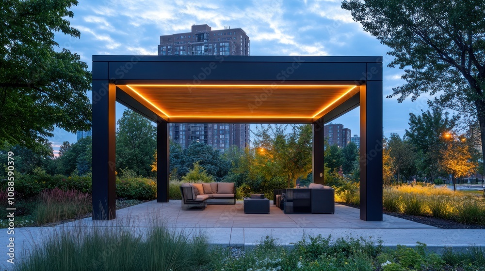 Modern gazebo with built-in lighting, stylish seating inside, cityscape in background Modern gazebo with built-in lighting, stylish seating inside, cityscape in background