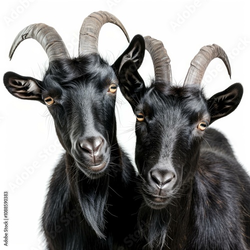 Two black goats posing together on white background photo