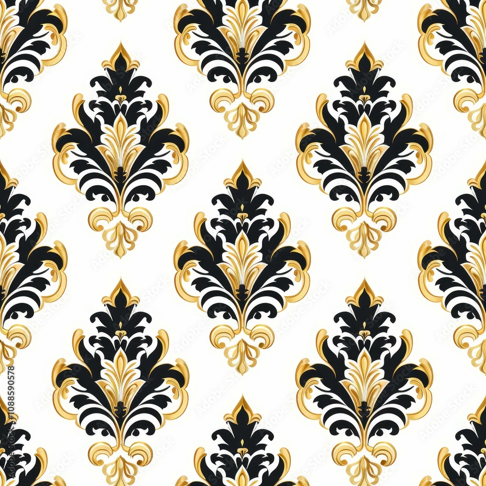 Luxurious black and gold damask pattern repeating on white background Luxurious black and gold damask pattern repeating on white background