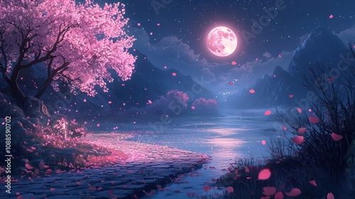 A serene landscape featuring a moonlit river, vibrant cherry blossoms, and peaceful mountains, creating a tranquil nighttime scene.