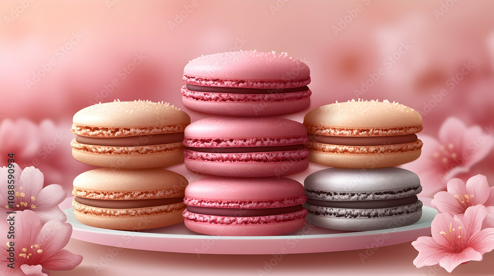 Colorful macarons stacked on a plate with flowers. Colorful macarons stacked on a plate with flowers.