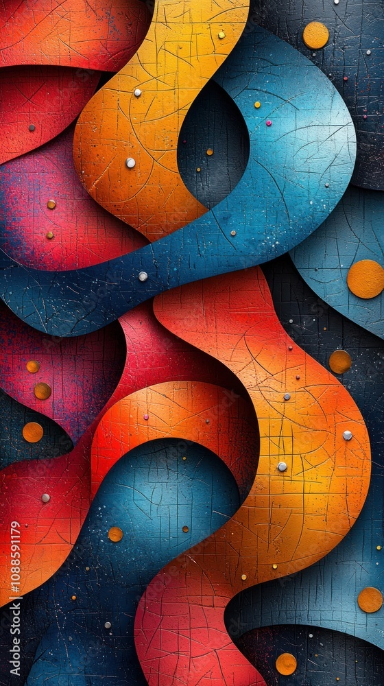 Abstract wavy design with vibrant colors and circular elements. Abstract wavy design with vibrant colors and circular elements.