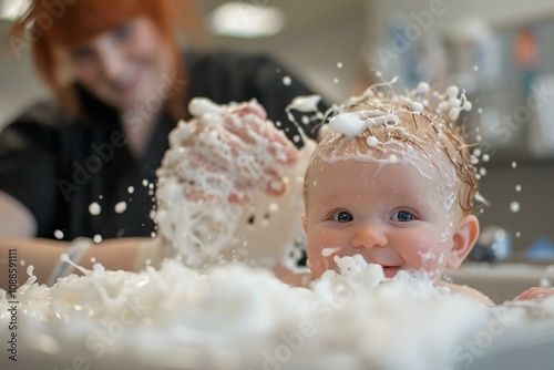 New born baby getting cleaned and checked by midwife after caesarean section. photo