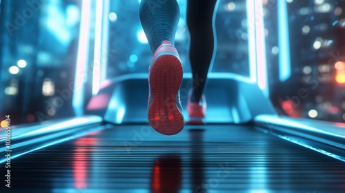 Cropped Shot of Woman in Jogging Sneakers Running on Treadmill photo