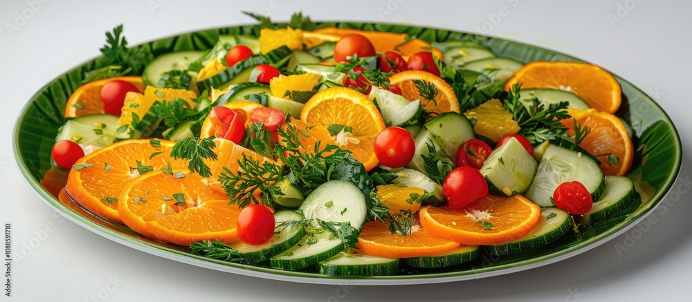 Colorful Vegetable Salad With Herbs Cucumber Paprika On Green Plate Colorful Vegetable Salad With Herbs Cucumber Paprika On Green Plate