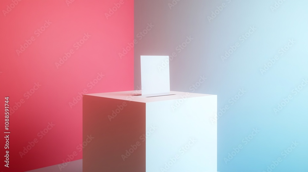 A white ballot box with a single ballot inside, against a pink and blue background.