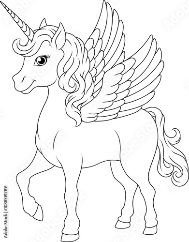 Unicorn Pegasus horse with wings and horn cartoon mythological animal from Greek myth illustration