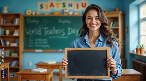 Young female teacher with radiant smile holding blank chalkboard in bright classroom with World Teachers Day written on blackboard, educational setting photo