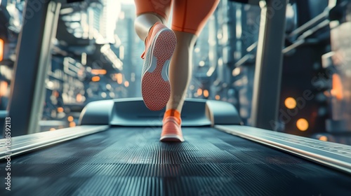 Cropped Shot of Woman in Jogging Sneakers Running on Treadmill photo