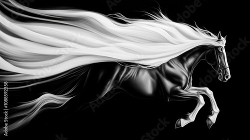 Illustration of a black horse with a flowing white mane leaps across a dark background