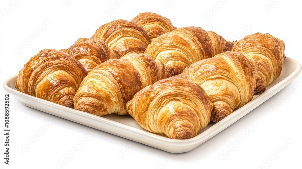 A tray of freshly baked croissants with golden, flaky exteriors, Each pastry showcasing its buttery layers and delicate aroma A tray of freshly baked croissants with golden, flaky exteriors, Each pastry showcasing its buttery layers and delicate aroma