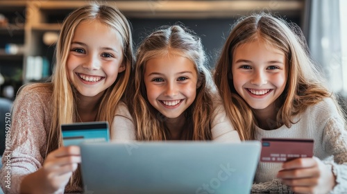 friendship, money, technology and internet concept - three smiling teenage girls with laptop computer and credit card at home