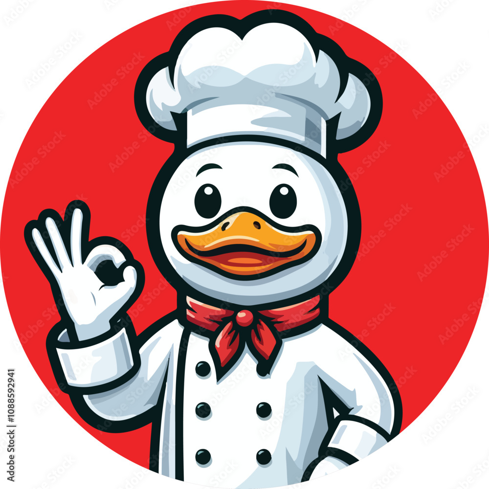 The Peking duck mascot is wearing chef outfit with v shape hand pose in flat style The Peking duck mascot is wearing chef outfit with v shape hand pose in flat style