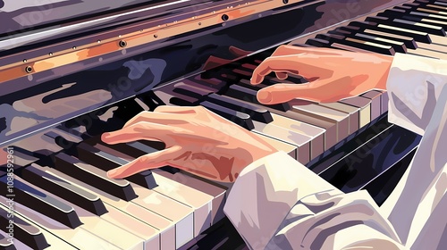 An illustration of a student playing a grand piano with focus on the hands and keys