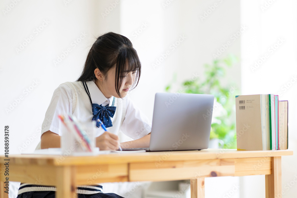 自宅で勉強する高校生