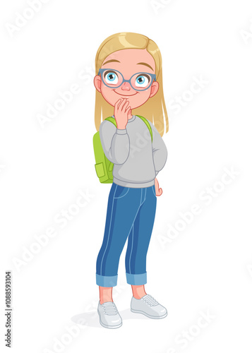 Curious little girl with eyeglasses thinking. Cartoon vector illustration.