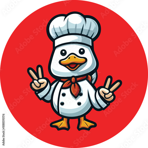 The Peking duck mascot is wearing chef outfit with v shape hand pose in flat style