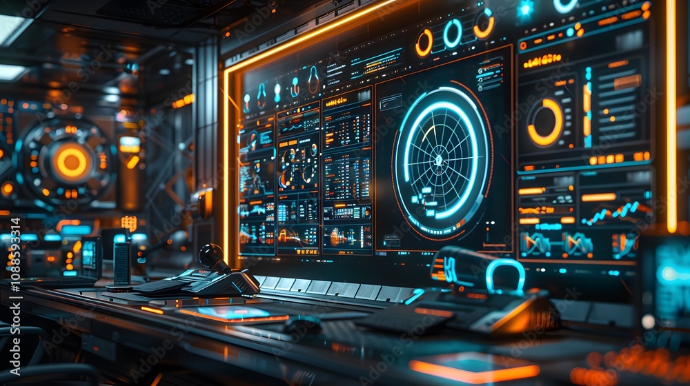 The photo showcases a dynamic office desk with futuristic gadgets, glowing digital charts hovering above, sleek metallic and glass elements, and a minimalist yet powerful layout, Photography, National The photo showcases a dynamic office desk with futuristic gadgets, glowing digital charts hovering above, sleek metallic and glass elements, and a minimalist yet powerful layout, Photography, National