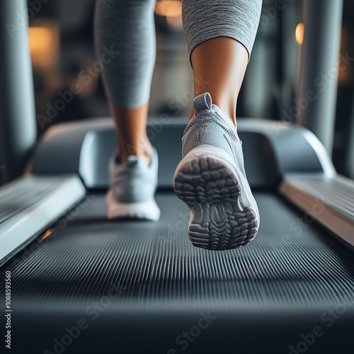 Cropped Shot of Woman in Jogging Sneakers Running on Treadmill photo