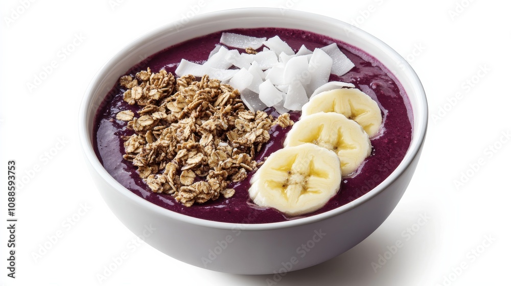 A vibrant bowl of acai smoothie topped with granola, sliced bananas, strawberries A vibrant bowl of acai smoothie topped with granola, sliced bananas, strawberries