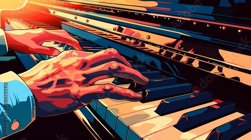 An illustration of a student playing a grand piano with focus on the hands and keys